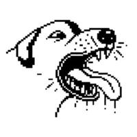 Aggressive pixelated dog head with open mouth, sharp teeth, drooling tongue, retro digital art black and white illustration vector