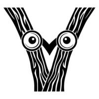 Owl face in letter y design, abstract bird formed by wood patterned branches and round eyes, minimalist animal symbol vector