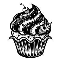 A black and white cupcake with a cherry on top and a carrot on the side vector