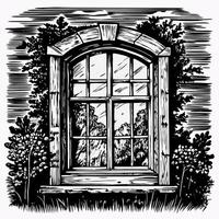 Vintage wooden arched window with ornate details, surrounded by lush greenery in monochrome illustration vector