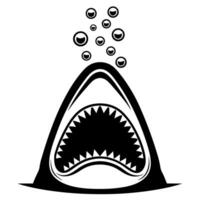 Aggressive shark mouth wide open underwater, toothy jaws and bubbles rising, ocean predator danger symbol illustration vector