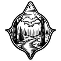 Monochrome forest pathway emblem night scene with trees, moon, and clouds in nature illustration vector