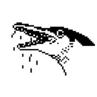 Open mouthed pixel dinosaur head in profile retro black and white pixel art with simple dripping effect, digital prehistoric creature vector