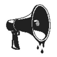 Pixel art megaphone dripping liquid black and white retro style, abstract protest, voice amplification, communication symbol vector