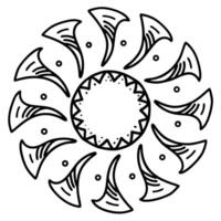 Abstract sun mandala with geometric horns and dotted pattern circular black outline symbol, boho tribal art motif vector