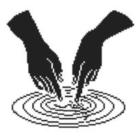 Pixel art hands creating ripples in water, touch interaction concept, minimal black and white digital abstract illustration vector