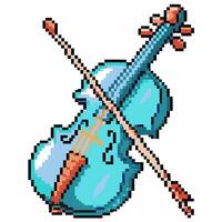 Pixel art cello with bow retro blue stringed instrument for music, orchestra, classical or education concepts vector