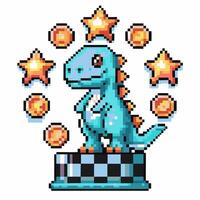Pixel dinosaur trophy with stars and coins in retro game achievement vector