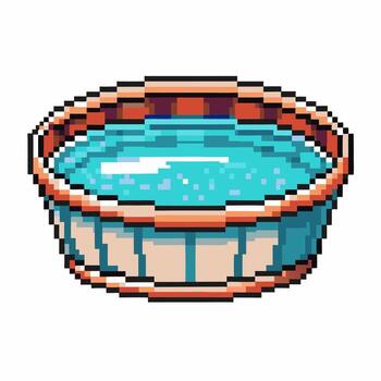 pixel art round pool with turquoise water retro 8 bit style, gaming design with a striped border vector