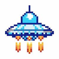 Pixel art flying ufo spaceship with blue glowing lights and fiery thrusters retro arcade alien invasion theme vector