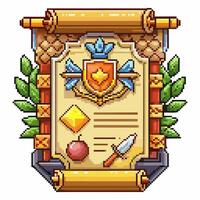 Pixel Art Medieval Scroll with Shield and Sword Emblems vector