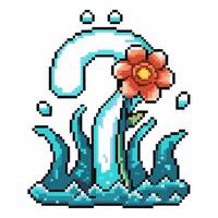 Pixelated question mark with flower and splashing water animation, retro 8 bit art design vector