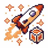 Pixel art rocket launch with stars and asteroids, retro game illustration vector