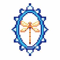 Pixelated dragonfly in blue frame retro vintage 8 bit insect art vector