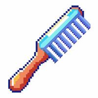 Pixel art comb with brown handle and blue bristles, retro grooming tool, isolated on white, pixelated illustration vector