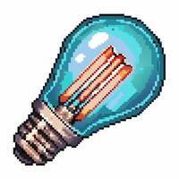 Pixel art of vintage lightbulb, glowing filament retro tech, simple blue background vector