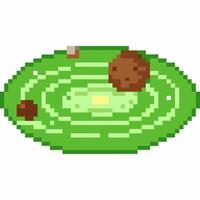 Pixelated green asteroid belt illustration with floating space rocks in digital art vector