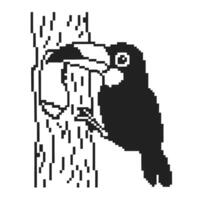 Pixel art toucan perched on tree trunk black and white retro bird illustration, tropical wildlife character design vector