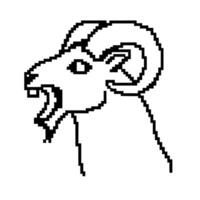 Pixel art goat head profile, black outline drawing of mountain goat with curved horns, simple retro digital illustration vector