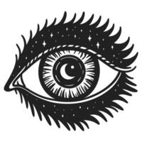 Mystical stylized eye with cosmic elements and black ornamental lashes surreal design, spiritual vision and awareness symbol vector