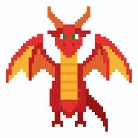 Pixel Art Red Dragon with Wings and Green Eyes in Retro Style vector