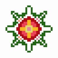 Pixel art geometric mandala with cross pattern symmetrical colorful starburst, retro mosaic digital design center vector