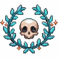 Pixel art skull with laurel wreath and sparkling accents retro gaming style, vintage fantasy design, decorative pixel illustration vector