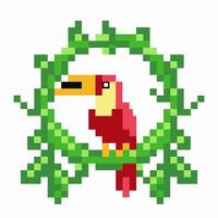 Pixel art toucan inside green vine circle, vibrant retro digital wildlife design vector