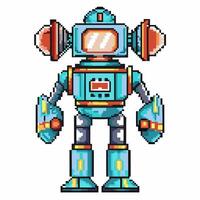 Pixel art robot with antennae and screen face retro futuristic technology concept in vibrant colors vector