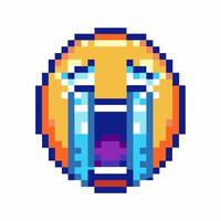 Large pixel crying emoji face, streaming tears pixel art sad emoticon, retro game expression, emotional icon vector