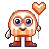 Pixelated cupcake character holding heart balloon retro gaming, cute dessert animation, nostalgic charm vector