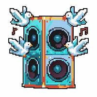 Pixel art speaker with white doves and music notes retro audio system illustration symbolizing peace and harmony vector