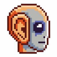 Pixel art robot head with orange and gray details retro digital design showing futuristic technology vector