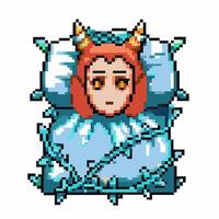 Pixel art character with red hair and horns, wrapped in a blanket cute retro style, cozy and whimsical design vector