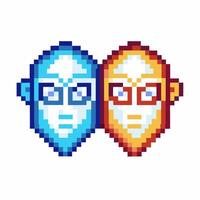 Pixel art portrait, blue and orange faces with glasses retro digital illustration, geometric abstract design vector