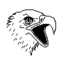 Pixel art eagle head illustration black and white digital bird drawing, open beak, strong expression, retro mascot image vector