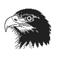 Pixel art eagle head in black and white digital retro bird illustration with sharp beak, intense eyes, geometric stylization vector