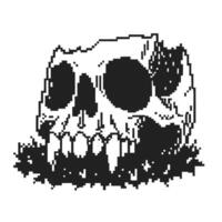 Pixel art skull illustration black and white retro design of human skull resting on grass vintage 8 bit gothic vector