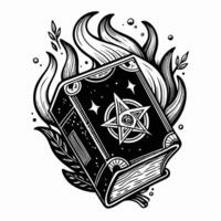 Mystical black book with a pentagram surrounded by flames and leaves in a detailed illustration vector