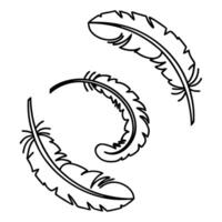Three black outline feathers swirling in a circular motion minimalist airy design, light and delicate flight movement illustration vector