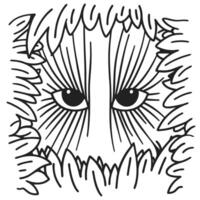 Mysterious eyes peering through dense leaves intrigue, secrecy, hidden face in foliage, line art illustration, black and white vector