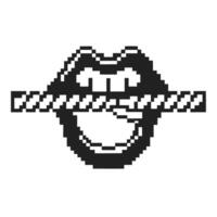 Pixelated mouth biting rope, retro digital design for privacy, secrecy, censorship, silence, restriction concept vector