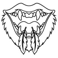 Open mouth with sharp fangs and animal fur outline feathers hanging from teeth, aggressive fantasy beast or wild creature vector