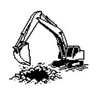Pixel art excavator with digging bucket construction machinery working on site, black and white retro illustration vector