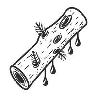 Tree log with sap drops and embedded insect fossils, hand drawn illustration displaying natural resin production vector