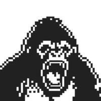 Pixelated angry gorilla roaring retro 8 bit black and white ape illustration, vintage arcade game animal character vector