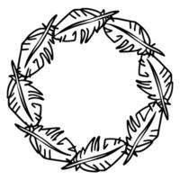 Tropical feather wreath in circular shape hand drawn outline decorative border with leaves for natural botanical design vector
