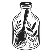 artistic illustration of bottle with spoon and leaves black and white sketch with nature elements in glass container vector