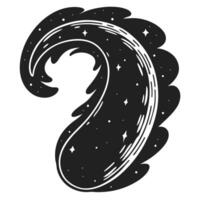 Cosmic wave with swirling galaxy pattern, black and white abstract space shape, night sky and sparkling stars design vector