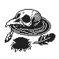 Retro pixel art bird skull with witch hat and feather vintage black and white design, mysterious gothic elements vector